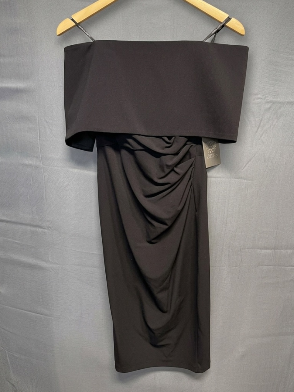 Vince Camuto Black Off the Shoulder Ruched Bodycon Cockail Midi Dress Sz 2
